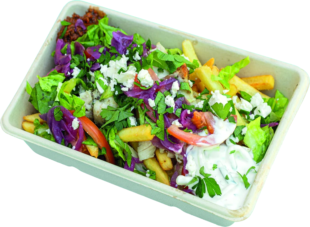 Pose G:n loaded fries -annos salaatilla ja täytteillä